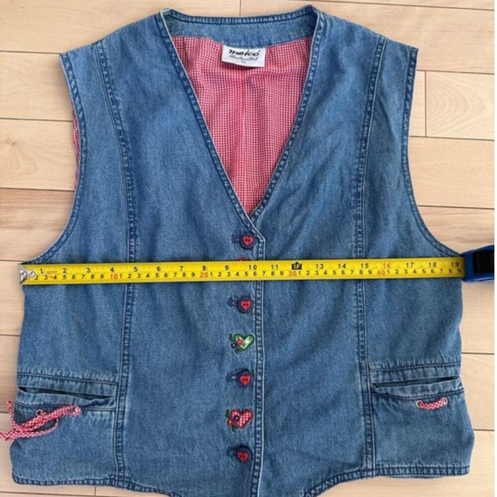 Vintage Meico Denim Vest – Cottagecore Mushroom Embroidery, Gingham Lining - Picture 3 of 8